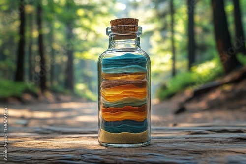 Layered Teal Orange Yellow Beads In Glass Bottle On Wood Background