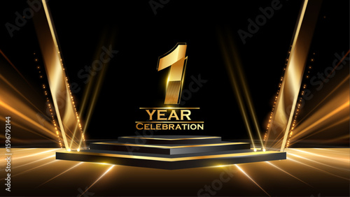 1 Year Celebration Award Background. Recognition Ceremony. Birthday Occation  Achievement. Premium Elegant Graphics. Event Entertainment Spot Light Hollywood Template  Luxury Premium Corporate. 
