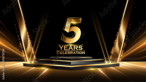 5 Years Celebration Award Background. Recognition Ceremony. Birthday Occation  Achievement. Premium Elegant Graphics. Event Entertainment Spot Light Hollywood Template  Luxury Premium Corporate. 