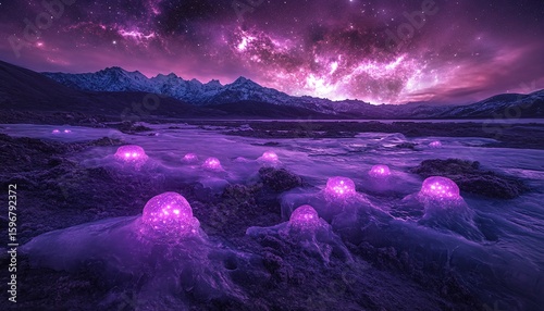 Magical Purple Spheres On A Snowy Landscape Under A Starry Night