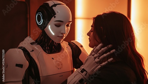 Mechanical Figure And Person Embrace In Warm Orange Light