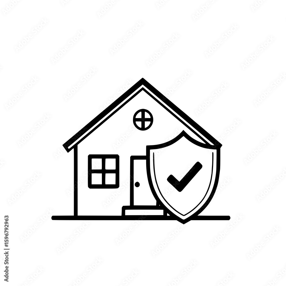 Fototapeta premium Home Security: Line Art Illustration of a House Protected by a Shield