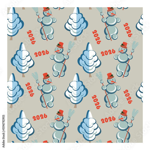 2026 New Year banner. Snowmans and firs pastel trend colors blue beige white stock winter holidays vector illustration for web, for print, for fabric print