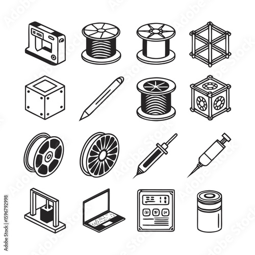 3D Printer and Prototyping Icons Set | Clean Black Vector Icons for Additive Manufacturing, Engineering Design, Filament, and Printing Processes