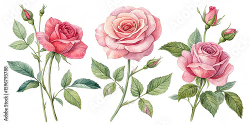 set of roses watercolor illustration
