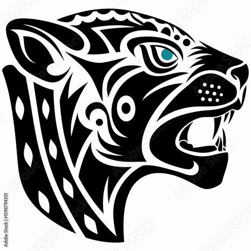 Tribal Jaguar Head Vector Illustration with Aztec Motifs and Feline Fury