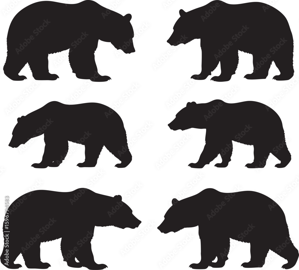 Fototapeta premium Set of isolated wild animal silhouettes, including walking elephants, a rhinoceros, and a bear, perfect for nature and safari designs