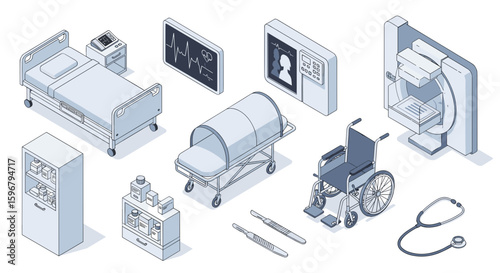 Isometric view of hospital equipment including bed stretcher wheelchair and medical instruments displayed