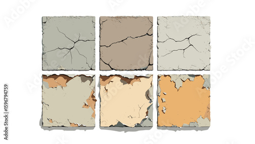 Six rectangular tiles showing different stages of cracking and peeling paint on a white background surface