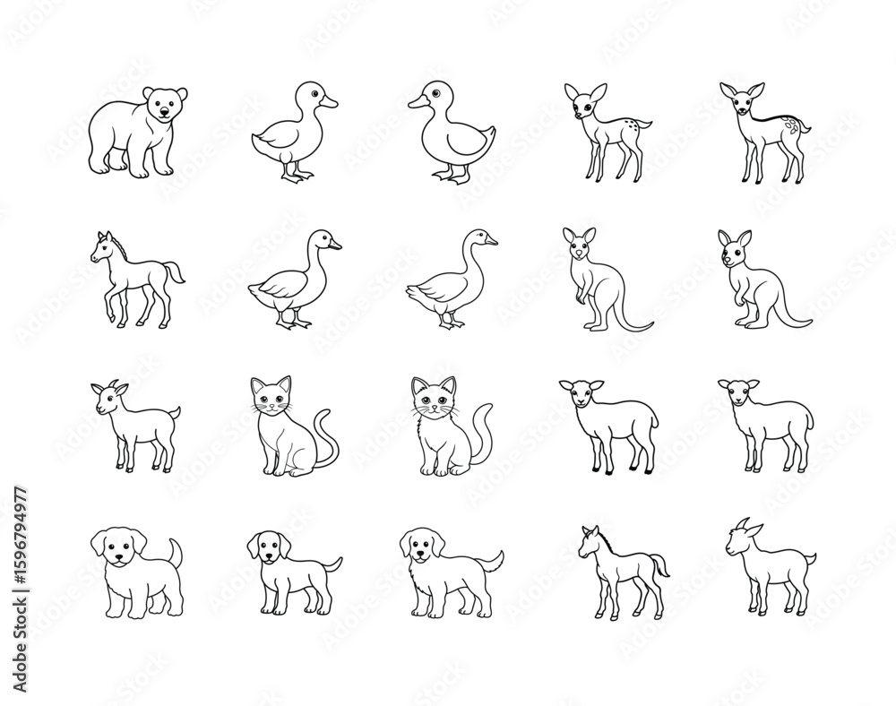 Fototapeta premium Simple animal line art for children s educational materials