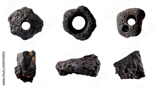 Collection of six porous volcanic rocks with central holes on a white background in a studio shot