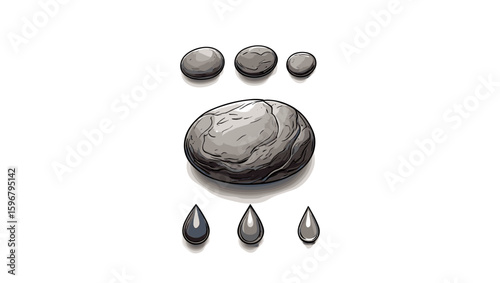 Arrangement of stones and teardrop shapes in a symmetrical formation on a white background scene art
