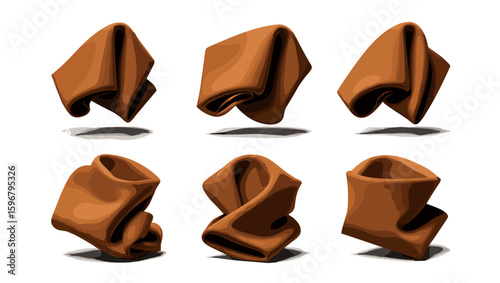 Illustration of six pieces of brown cloth with different folding positions on a white background
