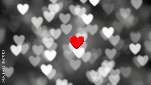 Red Heart Symbol Floating Among Blurred White Heart Shapes on a Dark Background, Romantic Backdrop for Valentine's Day and Love Themes, Ideal for Greeting Cards