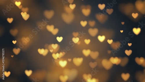 Golden Heart Bokeh Lights Floating on a Dark Background Create a Romantic and Dreamy Atmosphere Perfect for Valentine's Day and Wedding Concepts