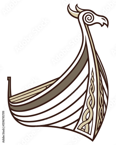 Viking longship with dragon head prow and ornate carvings