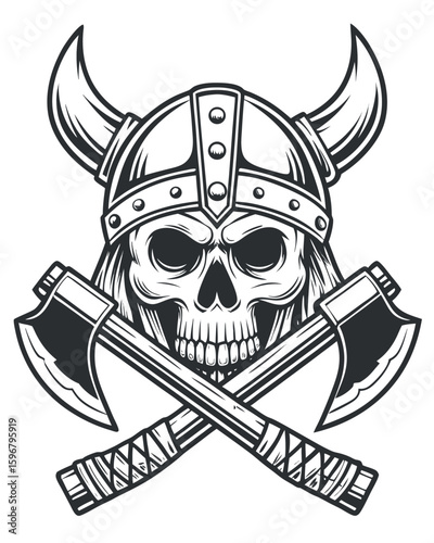 Viking skull with horned helmet and crossed axes warrior