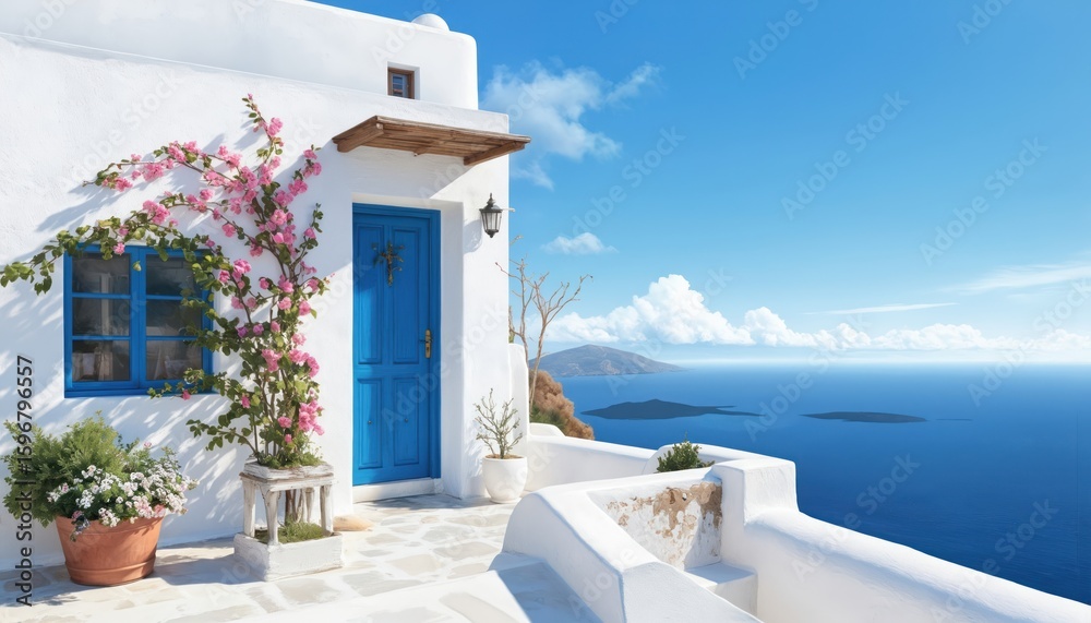 Fototapeta premium Seaside white house with blue door, window. Panoramic view of azure sea, fluffy white clouds. Patio with table, chairs on house cliffside terrace. Vibrant pink flower, green plant add color.
