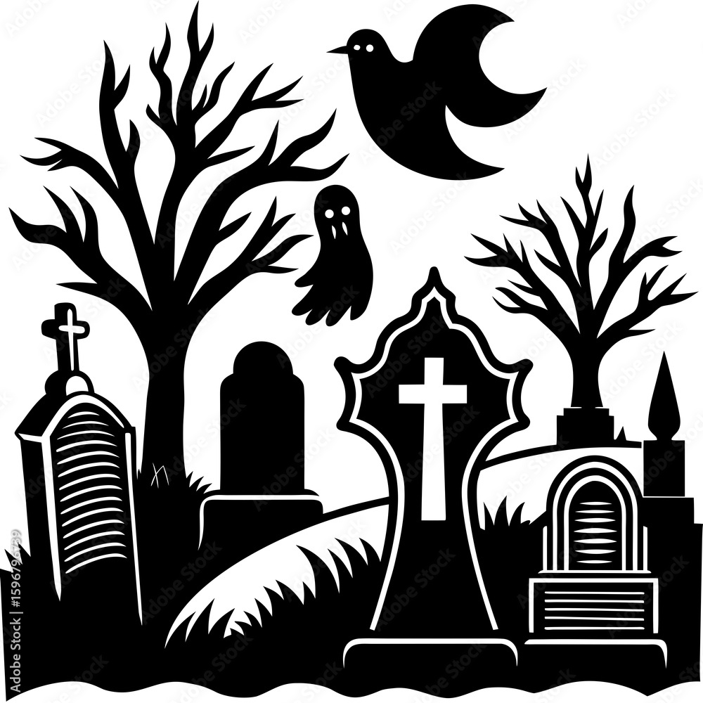 Naklejka premium A spooky graveyard scene with tombstones, trees, and a ghost
