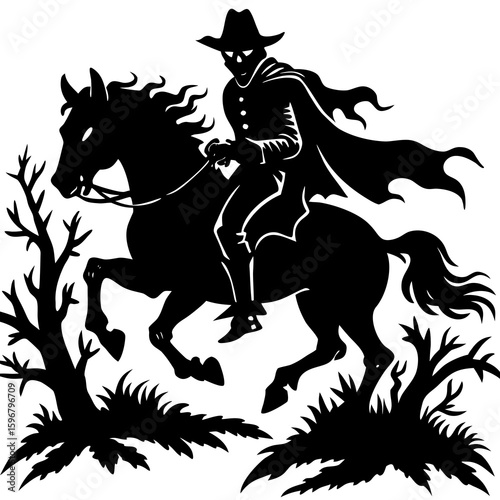 A masked rider on horseback gallops through the night in silhouette