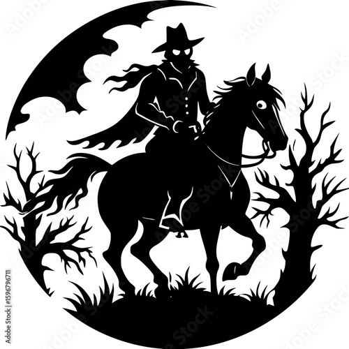 A mysterious horseman rides through the night under a crescent moon