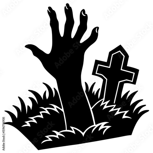 A zombie hand reaches from the grave near a cross tombstone