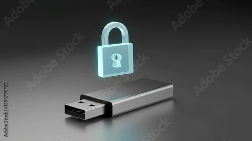 Secure USB drive with glowing lock, dark background