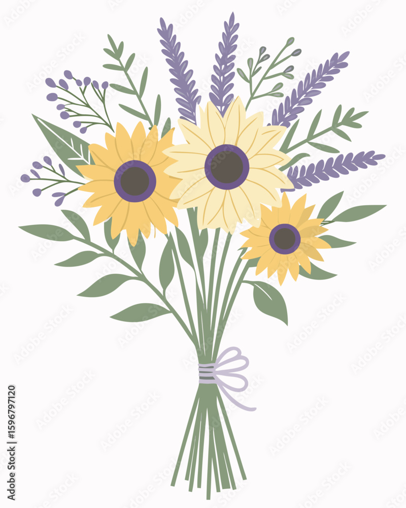 Obraz premium Yellow sunflowers lavender and green leaves bouquet