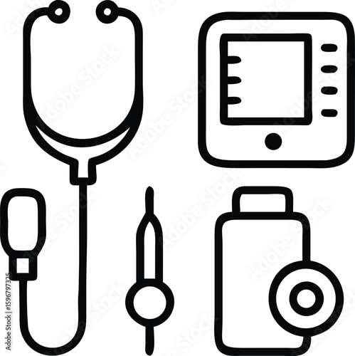 Medical devices icon set stethoscope, sphygmomanometer, thermometer, otoscope.