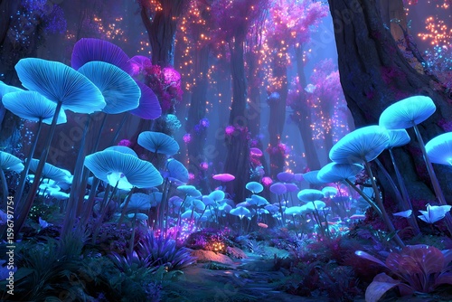 Fantasy-style forest with glowing mushrooms