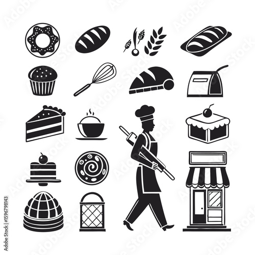 Minimalist Bakery Icons Collection | Editable Line Vector Icons Featuring Bread, Cupcakes, Cookies, Rolling Pin, and Baking Equipment