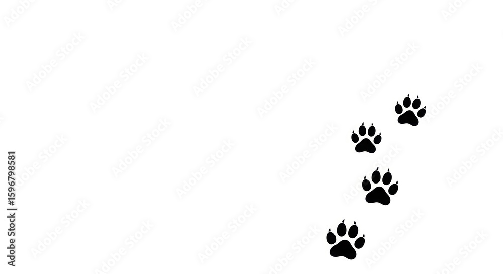 Black paw prints trail across a white background. Black paw prints trail across a white background.
