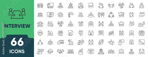 Interview Line Icon Set. Set of 66 outline icons including job interview, candidate, resume, discussion, recruiter, questions, and communication. Editable stroke. Linear vector illustration.