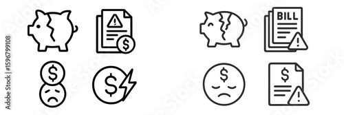 Illustrations of financial distress highlighting issues like debt, bills, and savings challenges
