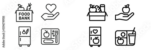 Food bank icons illustrating support for hunger relief, healthy living, and community donation activities