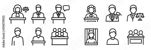 Legal proceedings illustrated with various characters engaged in courtroom activities and roles in a stylized format