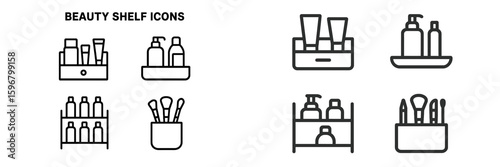 Beauty shelf icons depicting various skincare and cosmetic products organized in different arrangements for effective presentation