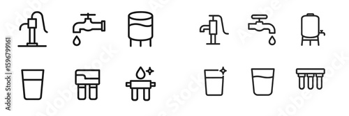 Vector icons representing various water-related elements such as taps, tanks, and purification systems in black and white