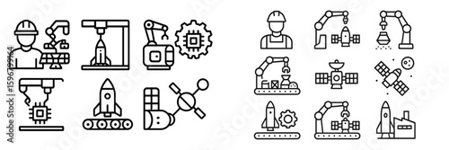 Industrial automation and space exploration activities are illustrated with various robotic and assembly line designs showcasing advanced technology