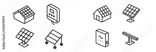 Collection of solar energy icons depicting various solar panels and related equipment for renewable energy usage