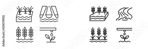 Detailed illustrations of various farming techniques and water management methods in agriculture