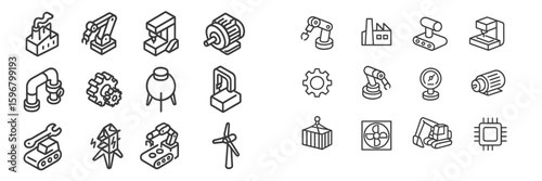 Collection of industrial icons depicting machinery, tools, and manufacturing processes for design and education