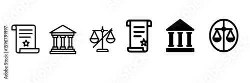 Legal symbols representing justice, courts, and laws illustrated in black and white on a clean background