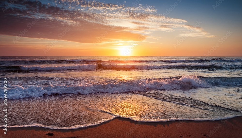 Obraz premium sunrise over the ocean with waves on the beach