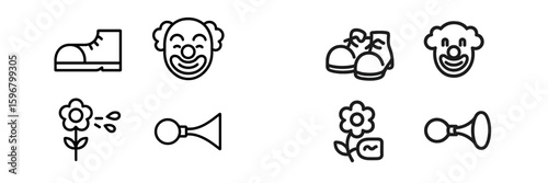 Clown-themed illustrations featuring shoes, flowers, and musical instruments in a playful design