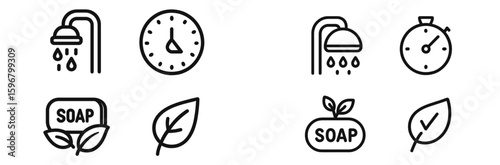 Icons depicting showering, washing hands, and time management for hygiene practices