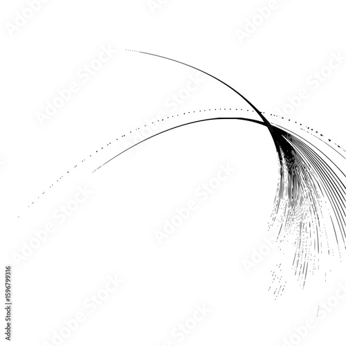 Abstract composition featuring intersecting lines dots and a central black rectangular shape element