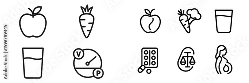 Icons representing health and nutrition concepts including fruits, vegetables, and wellness activities related to healthy living
