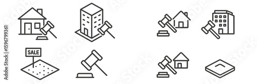 Icons representing property auction concepts including homes, buildings, and gavel symbols for sales and bids