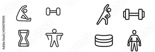 Fitness icons set showing various exercises and gym equipment for workout and health activities